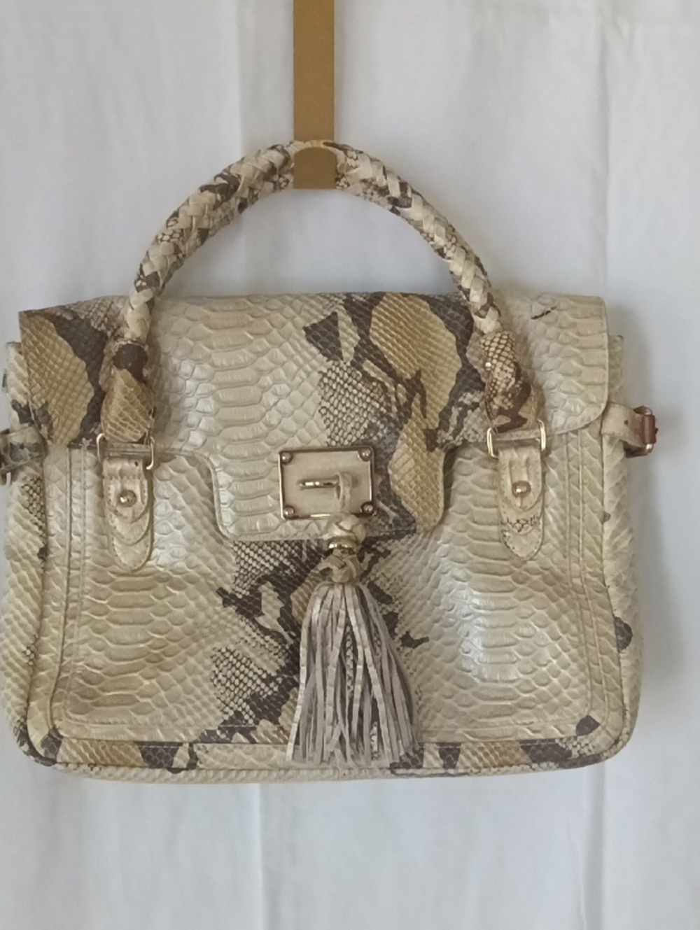 Elliot Luca Snake-Print Tassel Top-Handle Satchel in Beige and Brown